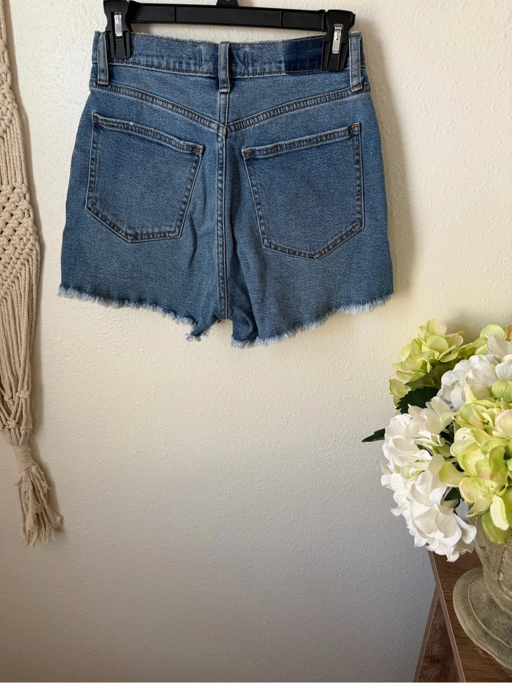 Abercrombie & Fitch Medium Criss Cross Blue High-Rise Frayed Hem Denim Shorts